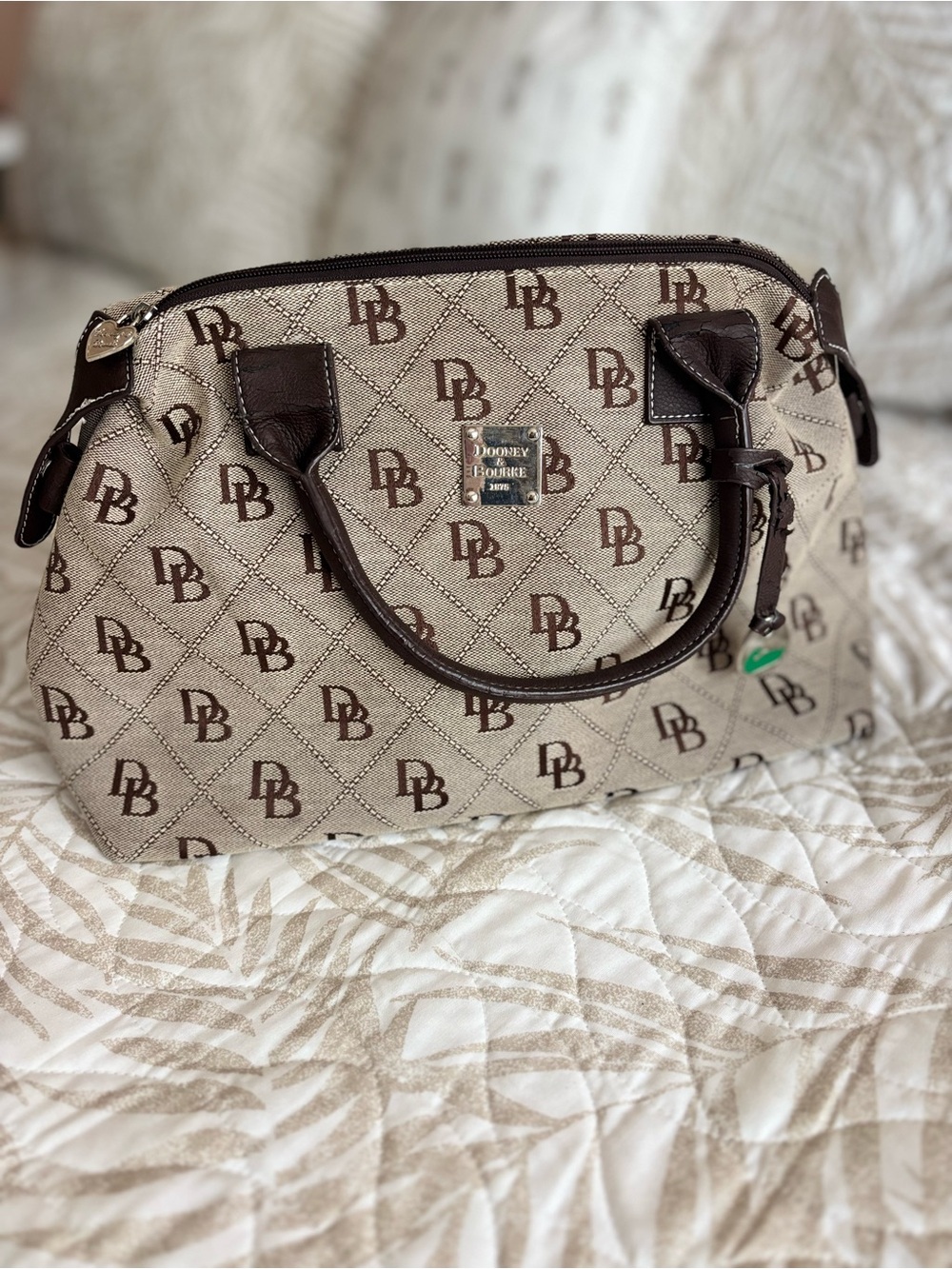 Dooney & Bourke Beige and Brown Logo Satchel with Chocolate Trim